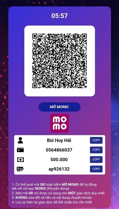 Bước 3 nạp tiền VN138 bằng ví điện tử Momo